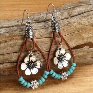 Silver Floral Turquoise Bead Dangle Earrings
